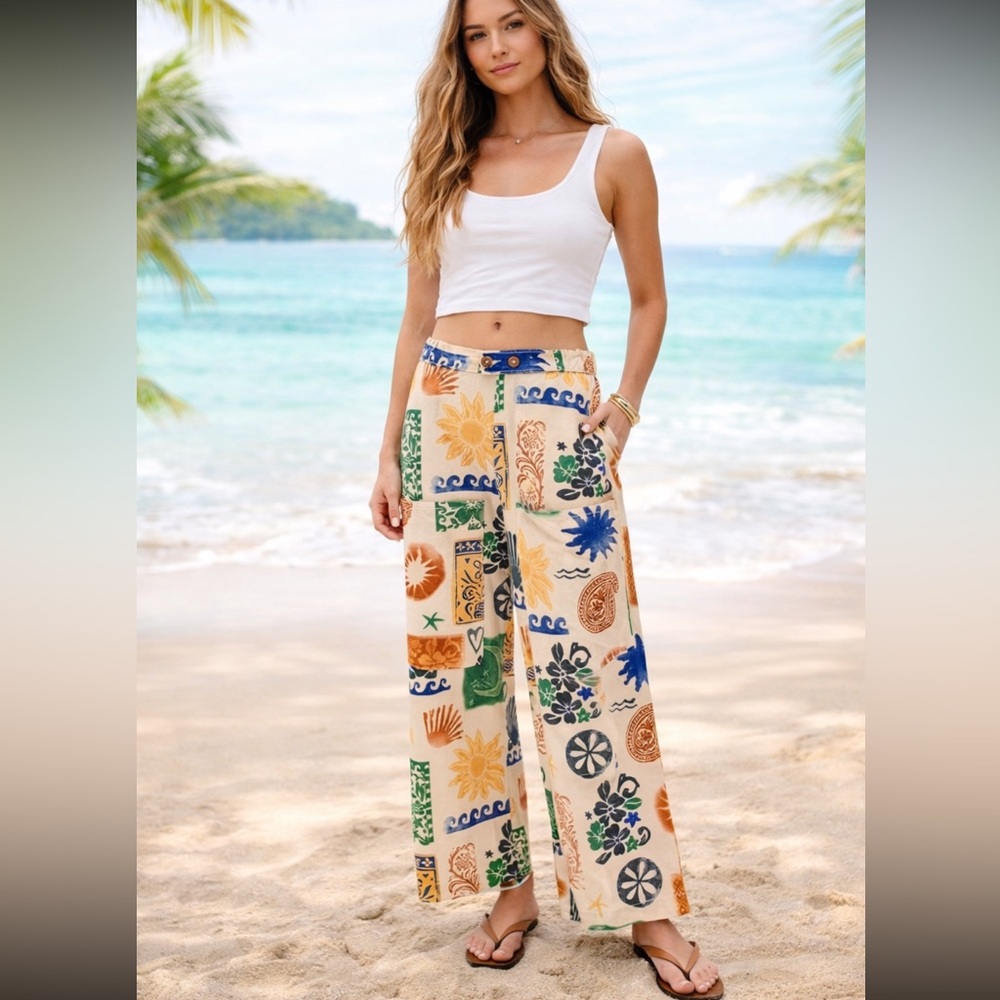 Free People Seaside Pull-On Pants 🌊 Boho Wide Leg Beach Print 🪸🤍
